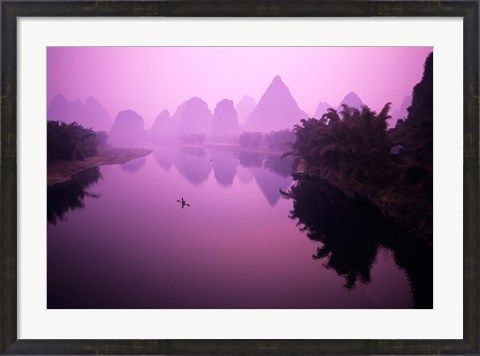 Framed Fisherman on Raft in Li River, Yangshou, Guanxi, China Print