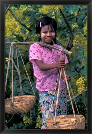 Framed Girl with Painted Face Carrying Basket on Shoulder Pole, Myanmar Print