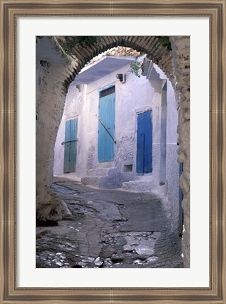 Framed Blue Doors and Whitewashed Wall, Morocco Print