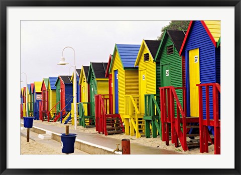 Framed Colorful Changing Houses, False Bay Beach, St James, South Africa Print