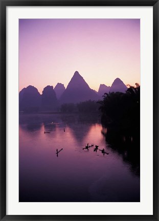 Framed Fishing rafts on Li River, dawn, Guangxi Province, China Print