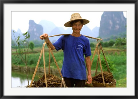 Framed Colorful Portrait of Rice Farmer in Yangshou, China Print