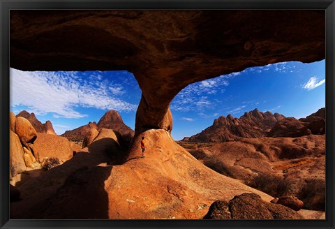 Framed Boy under natural rock arch at Spitzkoppe, Namibia Print