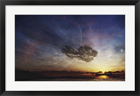 Framed despairing man sits on the beach, watching as the sun sets on his heart Print