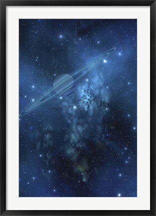 Framed ringed planet orbits near a beautiful nebula in space Print