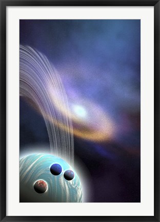 Framed spiral galaxy is near this ringed planet and its moons Print