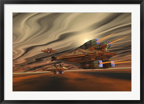 Framed Spacecraft fly among spacial eddies in deep space Print