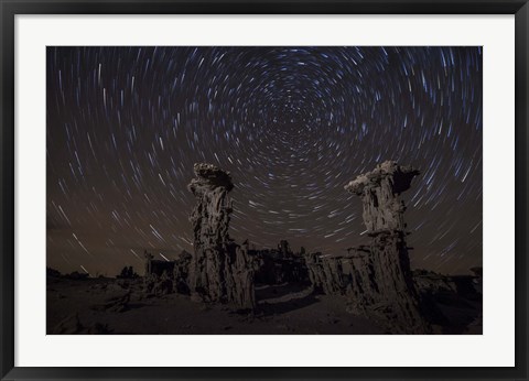 Framed Star trails above sand tufa formations at Mono Lake, California Print