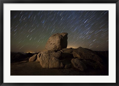 Framed Star trails and large boulders Anza Borrego Desert State Park, California Print