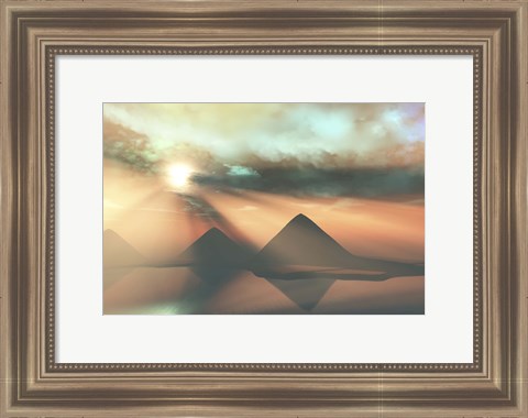 Framed Sunrays shine down on three pyramids along the Nile River on the Giza Plateau Print