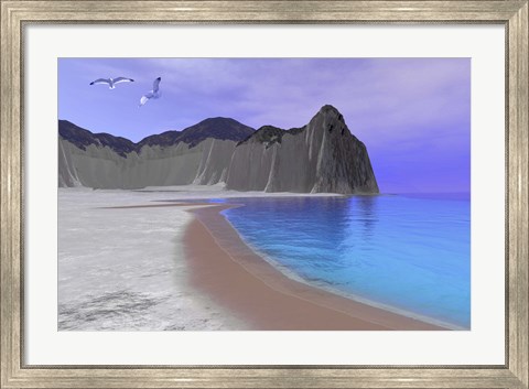 Framed Two seagulls fly over a beautiful ocean seashore Print