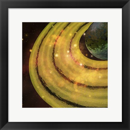 Framed golden ring system encircles this planet out in the galaxy Print