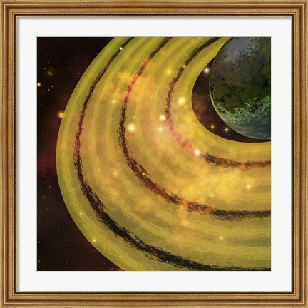 Framed golden ring system encircles this planet out in the galaxy Print