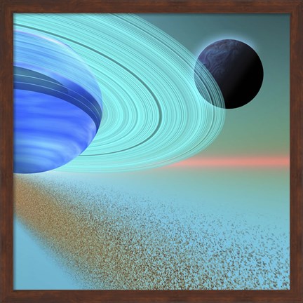 Framed asteroid field orbits near a planet and moon in the cosmos Print