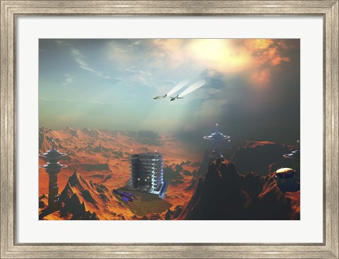 Framed Two aircraft fly over an enemy base of operations Print