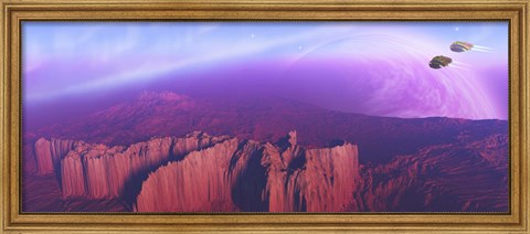 Framed Two spacecraft fly over a mountain range Print