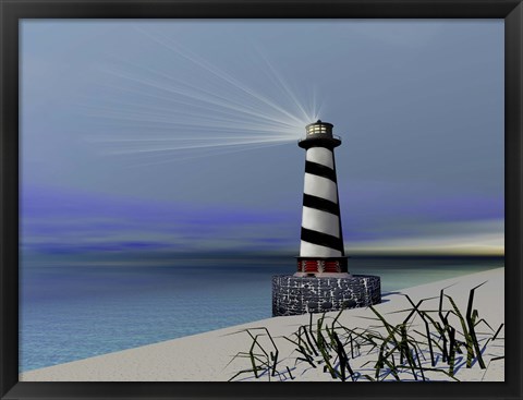 Framed lighthouse sends out a light to warn vessels Print