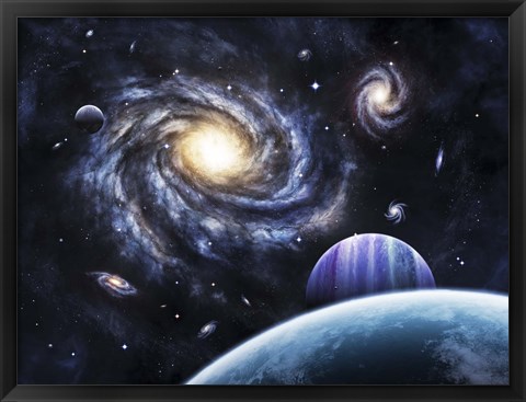 Framed view to a nearby galaxy from a gas giant and it&#39;s system of moons Print