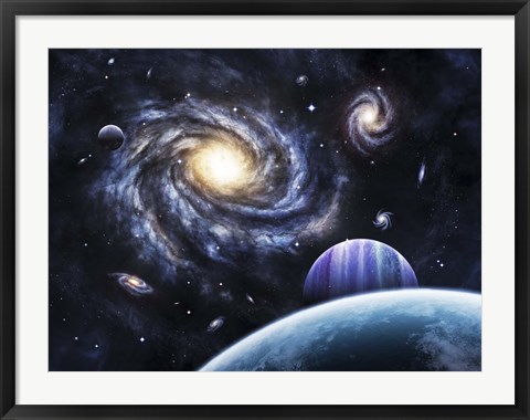 Framed view to a nearby galaxy from a gas giant and it&#39;s system of moons Print