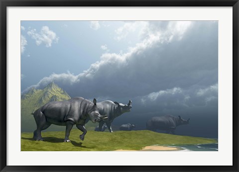 Framed herd of Brontotherium dinosaurs come to the lake to drink Print