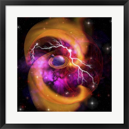 Framed Evolution of planet building with surrounding cosmic dust and electrical charges Print