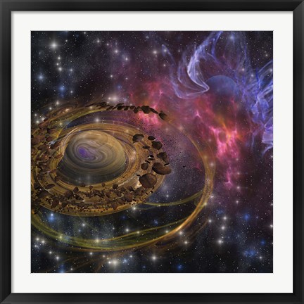 Framed Large rocks swirl around and form a planet in the cosmos Print