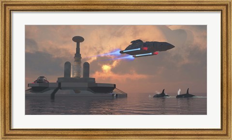 Framed Artist&#39;s concept of a futuristic colony on a water planet Print