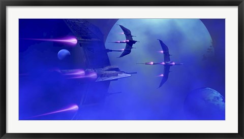 Framed Starships blast past a blue planet and its moons Print