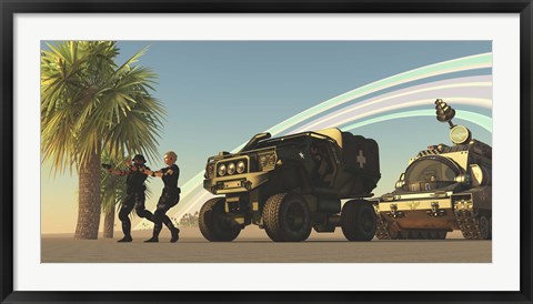 Framed Two Special Forces personnel draw their guns on a distant planet Print