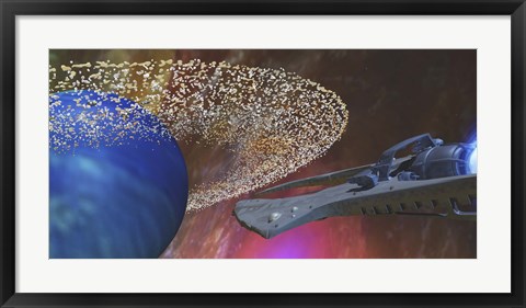 Framed spacecraft passes by a blue planet with a ring of asteroids Print