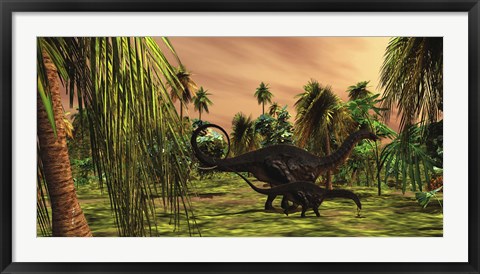 Framed Apatosaurus mother escorts her hatchling baby Print