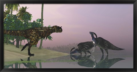 Framed Carnotaurus dinosaur attacks two Parasaurolophus dinosaurs Print