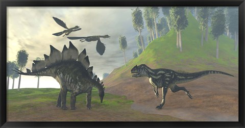 Framed Allosaurus attacks an unaware Stegosaurus dinosaur Print