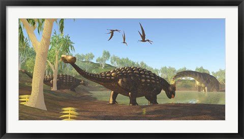 Framed Ankylosaurus dinosaurs drink from a swamp along with an Argentinosaurus Print