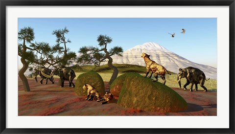 Framed family of Saber Toothed Tigers watch a herd of Woolly Mammoths Print