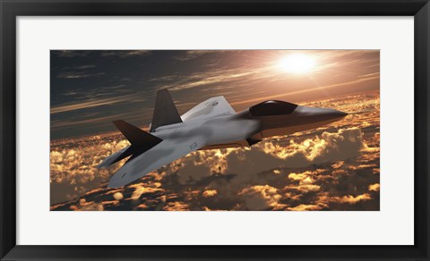 Framed F-22 fighter jet flies at an altitude above the cloud layer on its mission Print