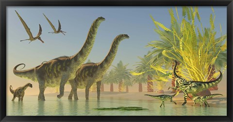 Framed Deinocheirus dinosaurs watch a group of Argentinosaurus walk through shallow waters Print