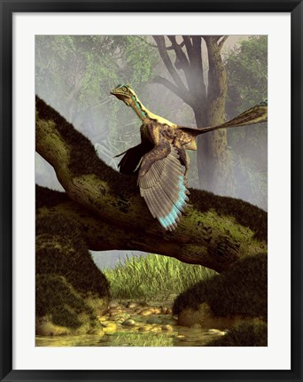 Framed Archaeopteryx on a log above a stream Print