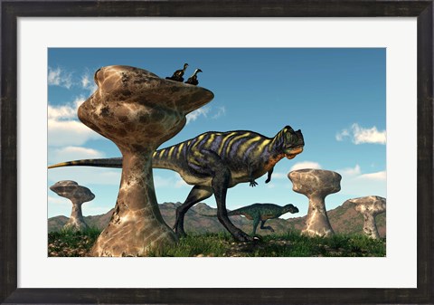 Framed pair of Aucasaurus dinosaurs walk amongst a forest of stone sculptures Print