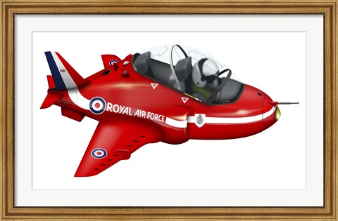 Framed Cartoon illustration of a Royal Air Force Red Arrows Hawk airplane Print