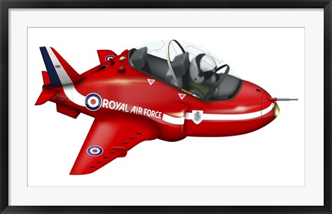 Framed Cartoon illustration of a Royal Air Force Red Arrows Hawk airplane Print