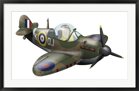 Framed Cartoon illustration of a Royal Air Force Supermarine Spitfire Print