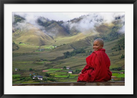 Framed Monk and Farmlands in the Phobjikha Valley, Gangtey Village, Bhutan Print