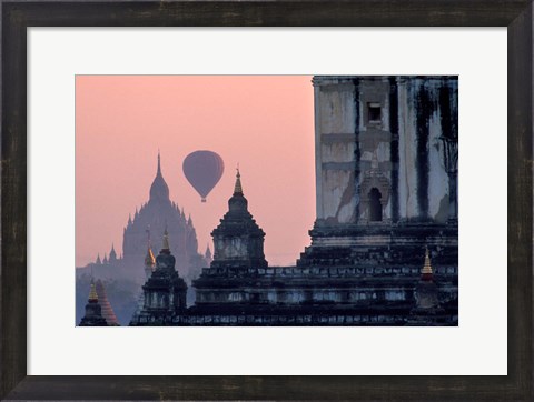 Framed Hot Air balloon over the temple complex of Pagan at dawn, Burma Print