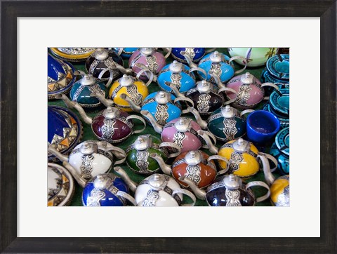 Framed Morocco, Casablanca, market, Ceramic tea pots Print