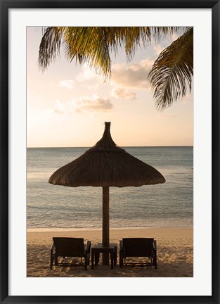 Framed Mauritius, Beach scene, umbrella, chairs, palm fronds Print