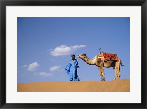 Framed Man leading camel on sand dunes, Tinfou (near Zagora), Morocco, Africa Print