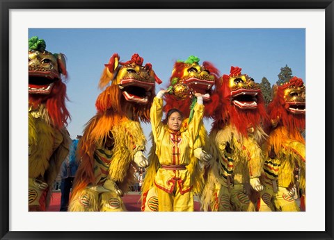 Framed Lion dance performance celebrating Chinese New Year Beijing China - MR Print