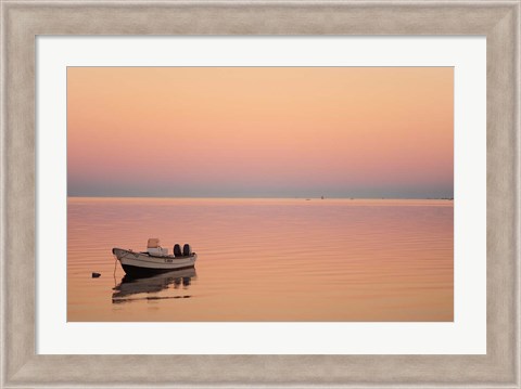 Framed Pink sunrise with small boat in the ocean, Ifaty, Tulear, Madagascar Print