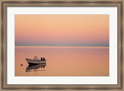 Framed Pink sunrise with small boat in the ocean, Ifaty, Tulear, Madagascar Print